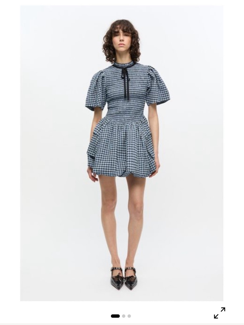 Ganni Blue Gingham Puff-Sleeve Mini Dress